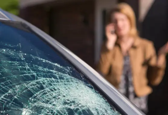 a broken windshield of a car