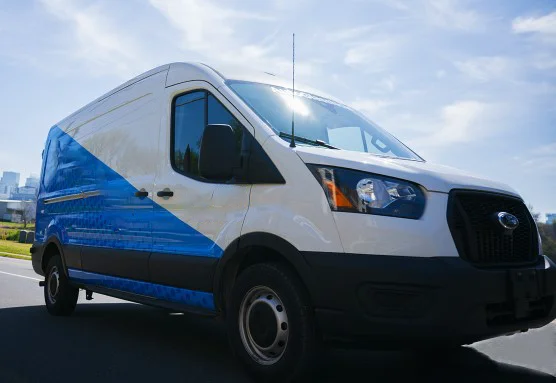 a white and blue van