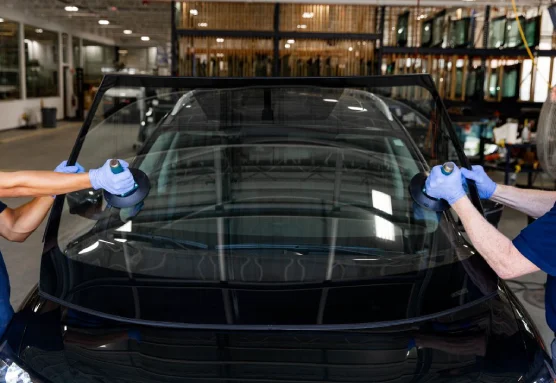 Group of men wearing blue gloves holding the windshield of a black car with the help of suction cups.